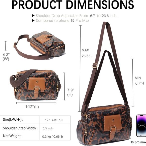 Elegant Water-Resistant Women's Crossbody Bag in Brown Leopard - 12 x 4.3 Inches - Picture 2 of 7